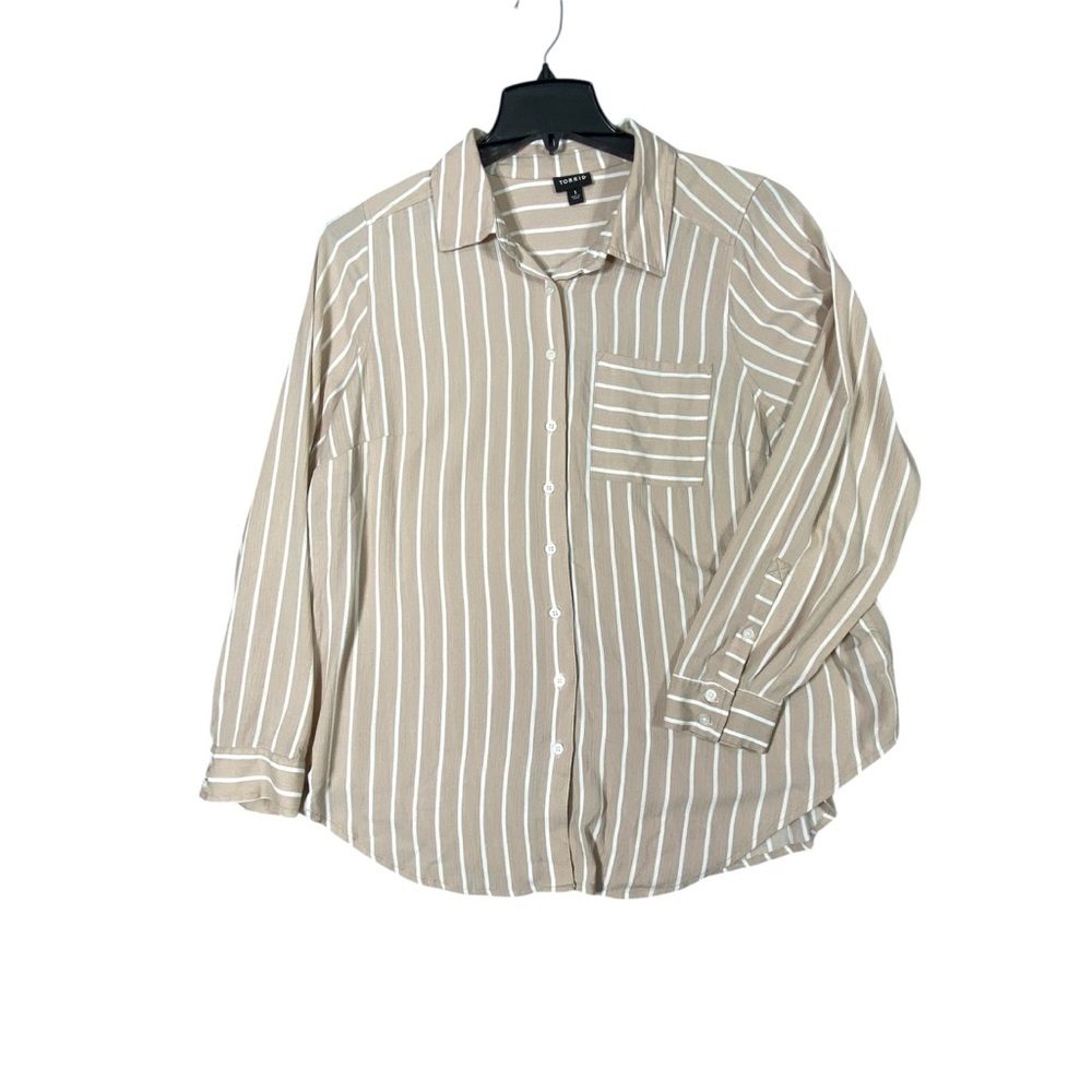 Torrid Lizzie Stripe Crinkle Gauze Tunic Blouse Women 1X Button Down Long Sleeve